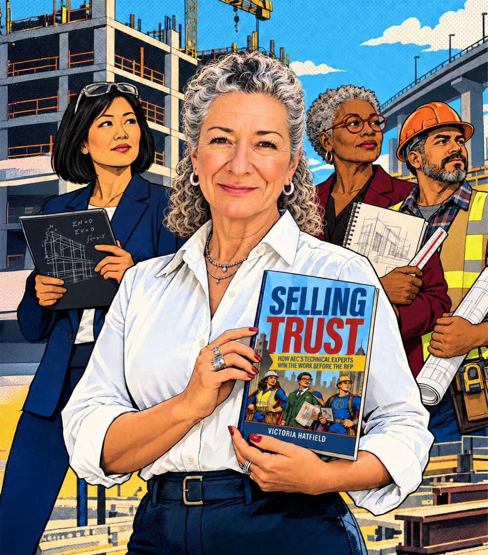 Victoria Hatfield with Selling Trust Victoria Hatfield holding her book, Selling Trust: How AEC’s Technical Experts Win Work Before the RFP, with illustrated AEC professionals and a construction site in the background.